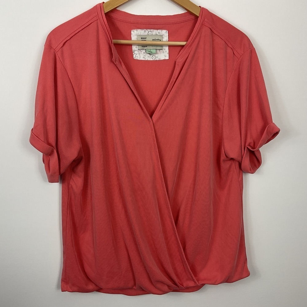 Saturday Sunday Anthropologie Amy Surplice Salmon Short Sleeve Top